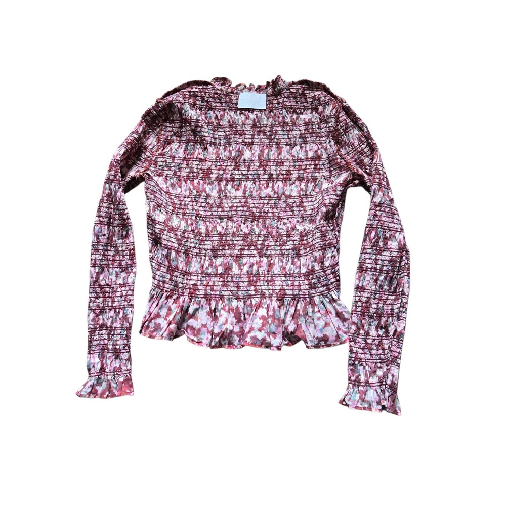 Merlette Smocked Peplum Top Burgundy Pink Abstract Floral Mock Neck Blouse - Picture 10 of 10